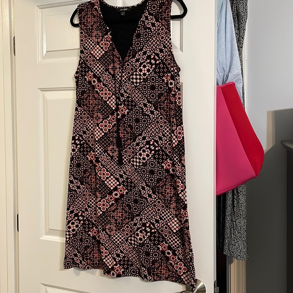 Lord and Taylor sun dress, black with white, pink and coral pattern